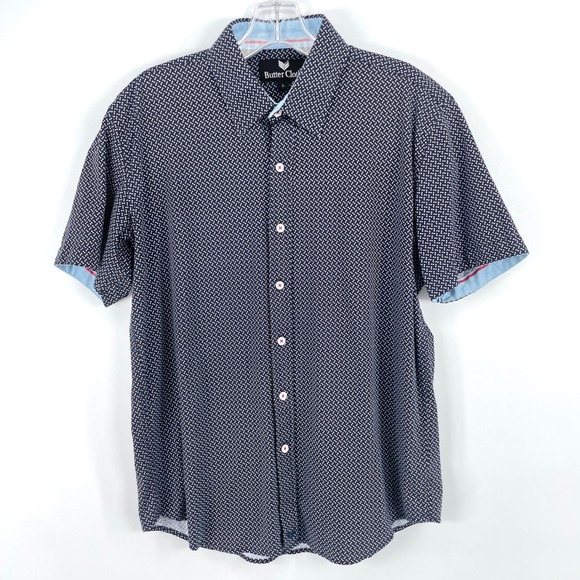 Butter Cloth Other - Butter Cloth Short Sleeve Button Down Shirt Mens L Navy Blue White Geometric
